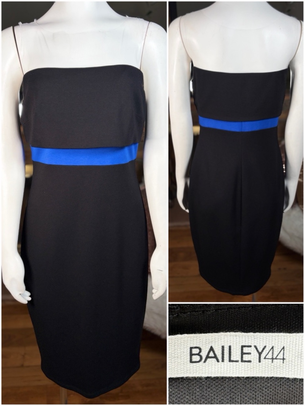 Bailey 44 Black Sleeveless Midi Dress w/ Tulle Top & Blue Waist Accent, Sz M